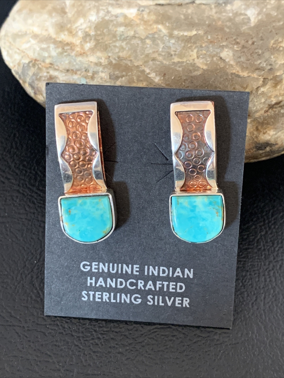 Womens Inlay Earrings Navajo Blue Turquoise Sterling Silver Brass 1" 13106