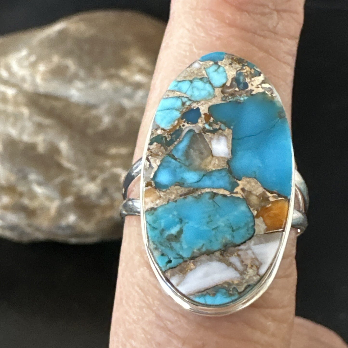 Blue Turquoise Spiny Oyster Southwestern Sterling Silver Ring Size 9 18538