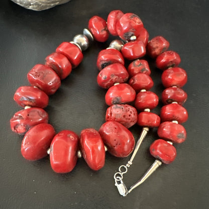 Chunky Navajo Red Bamboo Coral Sterling Silver Bead Necklace 24” Graduated 19532