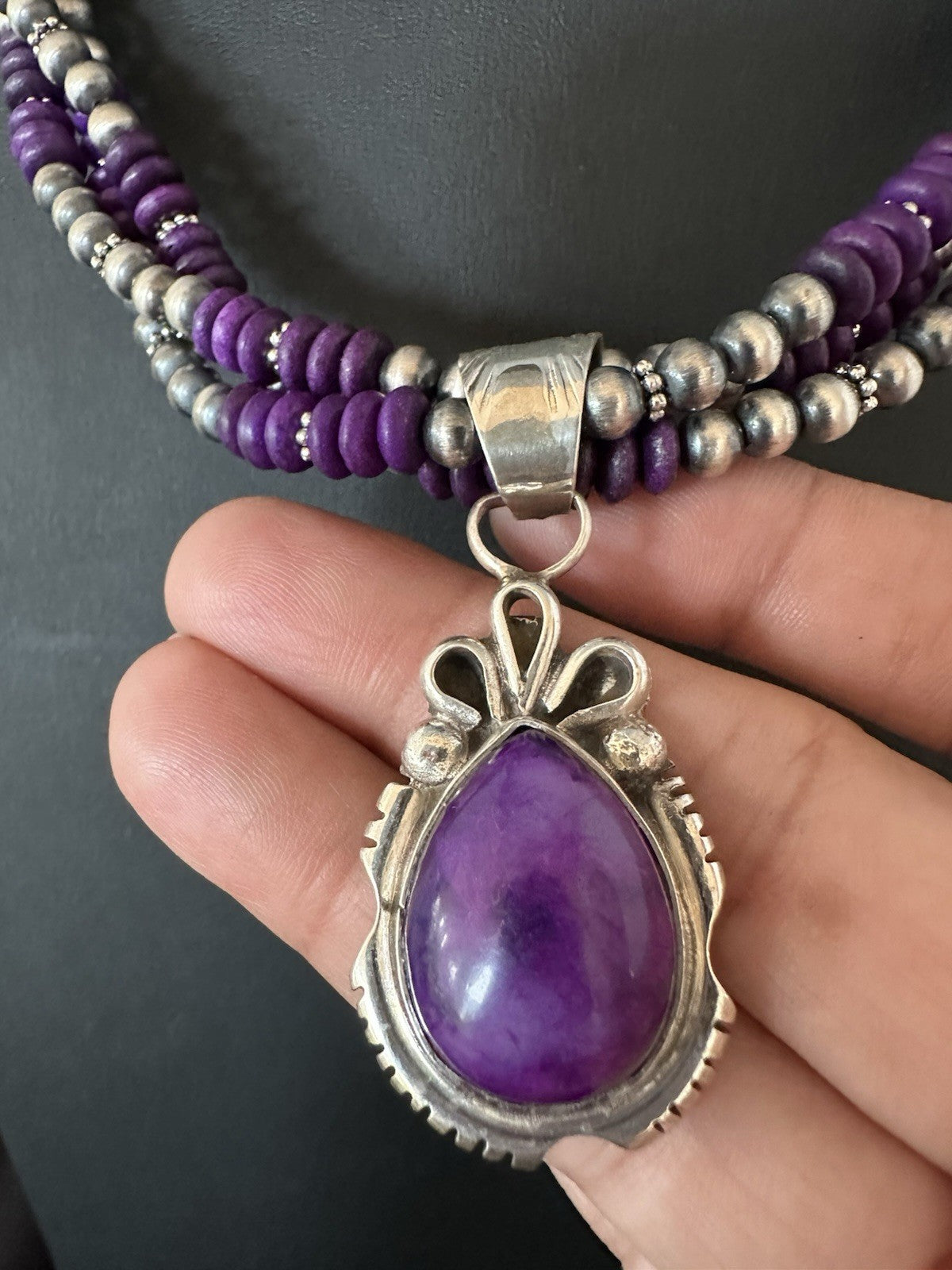 Navajo Sterling Silver 3 Strand Purple Stone Necklace Pendant 22” 19304