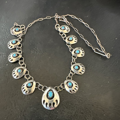 Blue Turquoise Navajo Sterling Silver Bear Paw ShadowBox Necklace 17" 19745