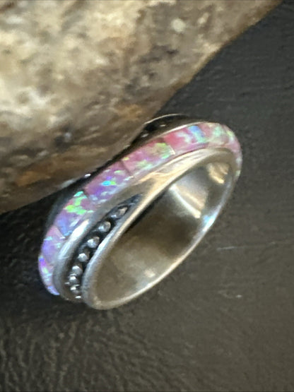 Pink Opal Navajo Sterling Silver Band Inlay Ring Size 9 18784