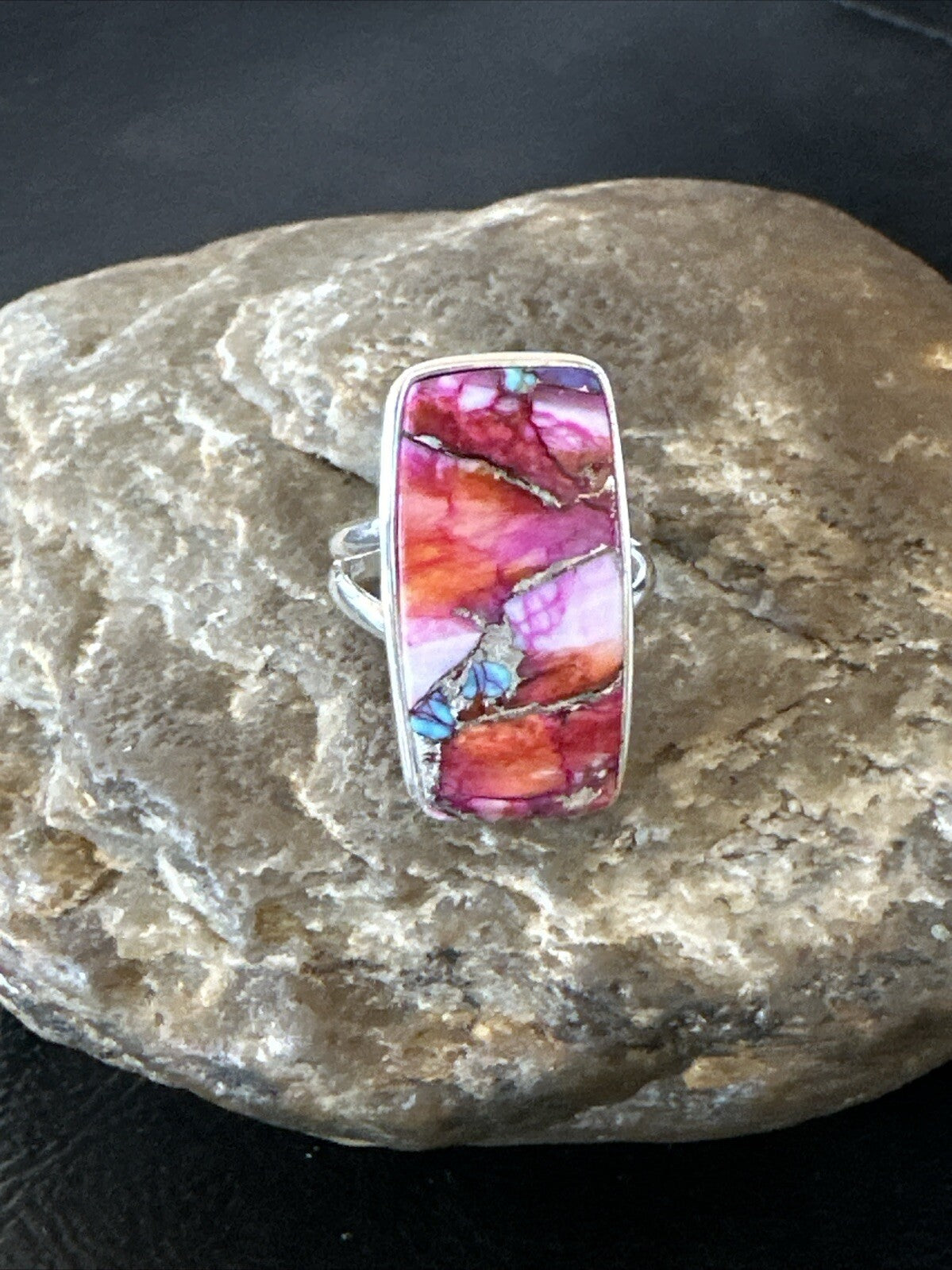 Blue Turquoise Spiny Oyster Southwestern Sterling Silver Ring Size 8 18486
