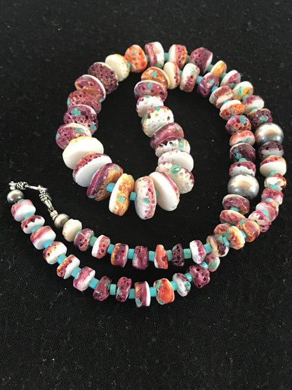 Purple Spiny Oyster & Turquoise Bead Navajo Sterling Silver Necklace 08439