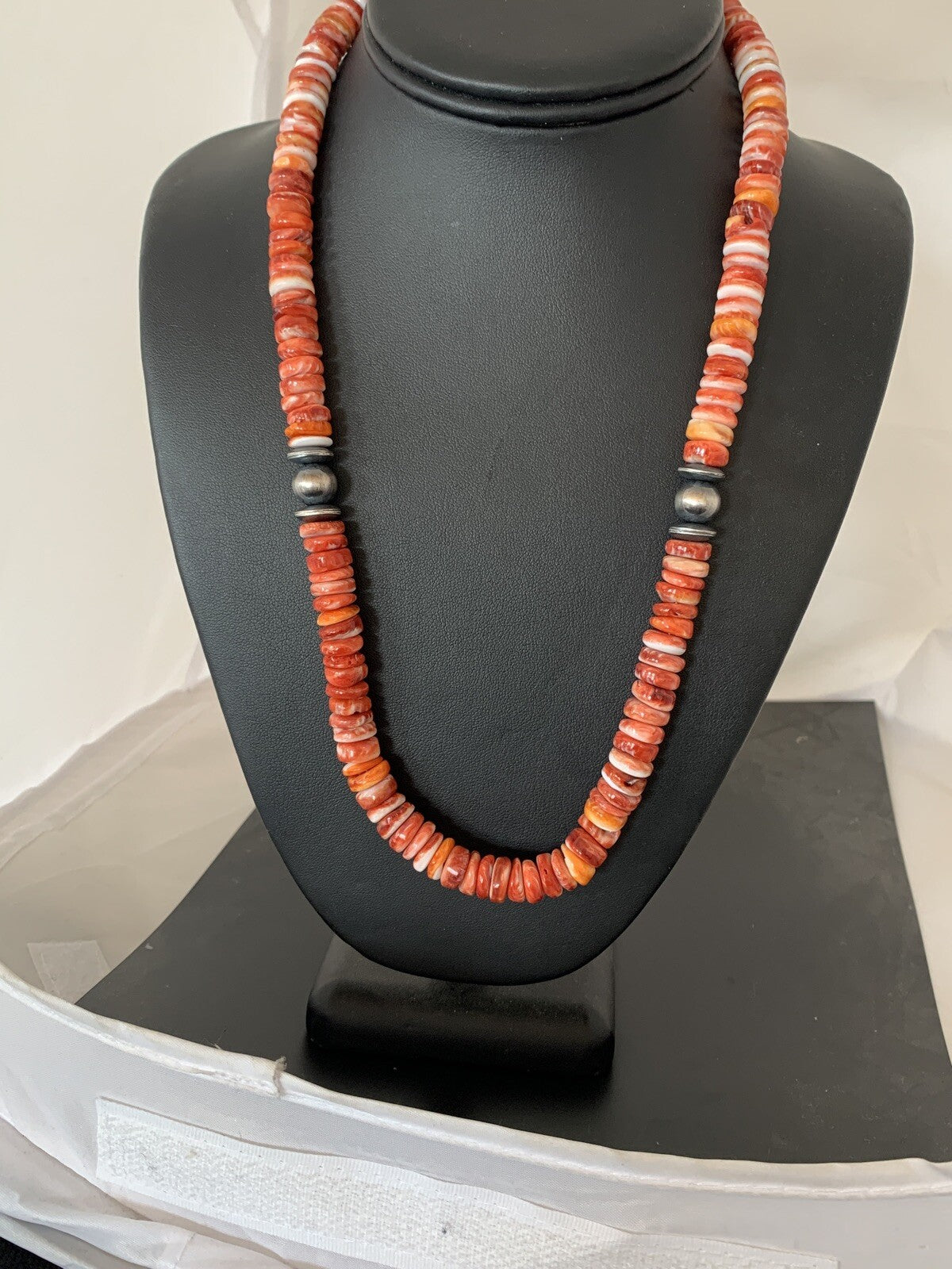 Red Spiny Oyster Navajo Sterling Silver Beads 20" Necklace 00556