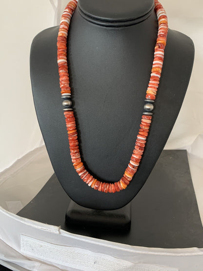 Red Spiny Oyster Navajo Sterling Silver Beads 20" Necklace 00556