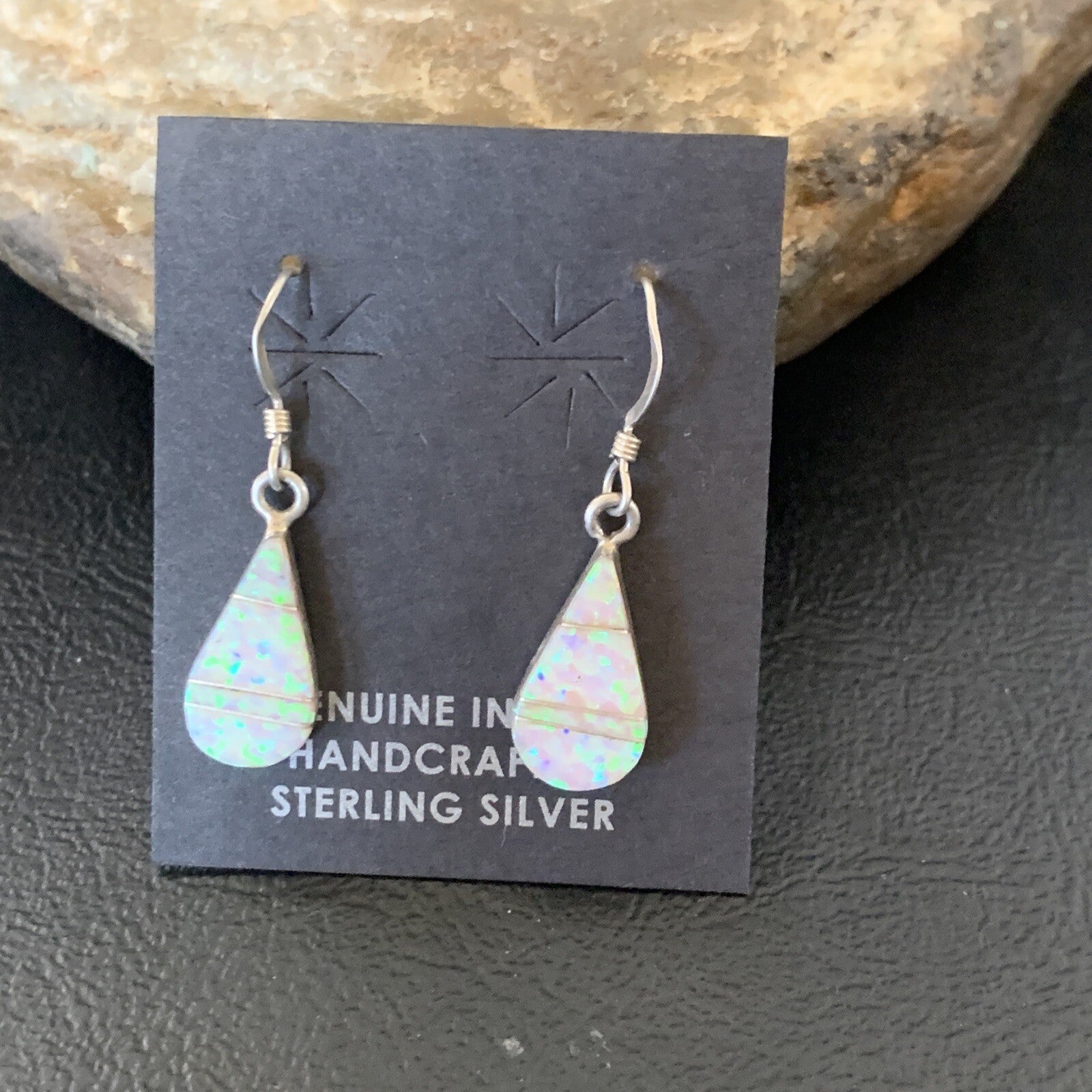 Womens White Opal Inlay Navajo Sterling Silver Dangle Post Earrings 0.5" 12770