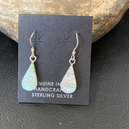 Womens White Opal Inlay Navajo Sterling Silver Dangle Post Earrings 0.5" 12770