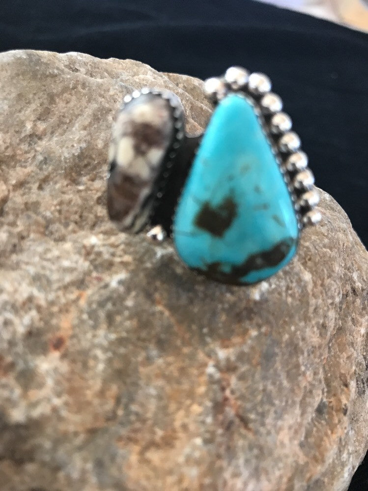Crazy Horse & Blue Turquoise Navajo Indian Sterling Silver Ring Size 8 14698