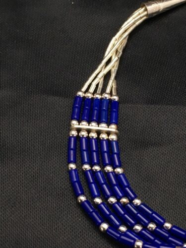 Navajo Lapis Heishi Bracelet Sterling Liquid Silver 5-Strand 7" 2934