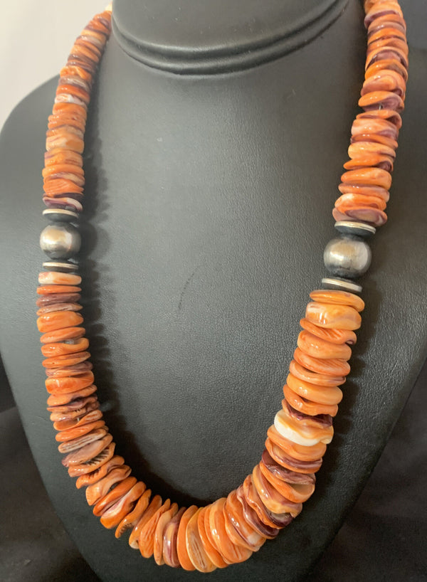 Orange Purple Spiny Oyster Navajo Pearls Necklace 21" | Sterling Silver | Authentic Native American Handmade | 12736