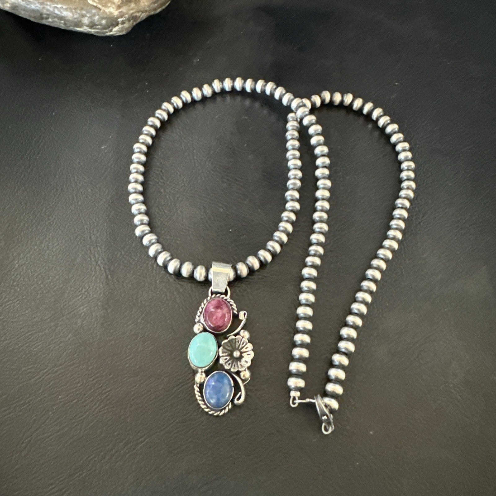 Multicolor Turquoise Lapis Navajo Sterling Silver Cluster Pendant Necklace 19246