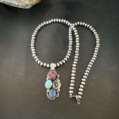 Multicolor Turquoise Lapis Navajo Sterling Silver Cluster Pendant Necklace 19246