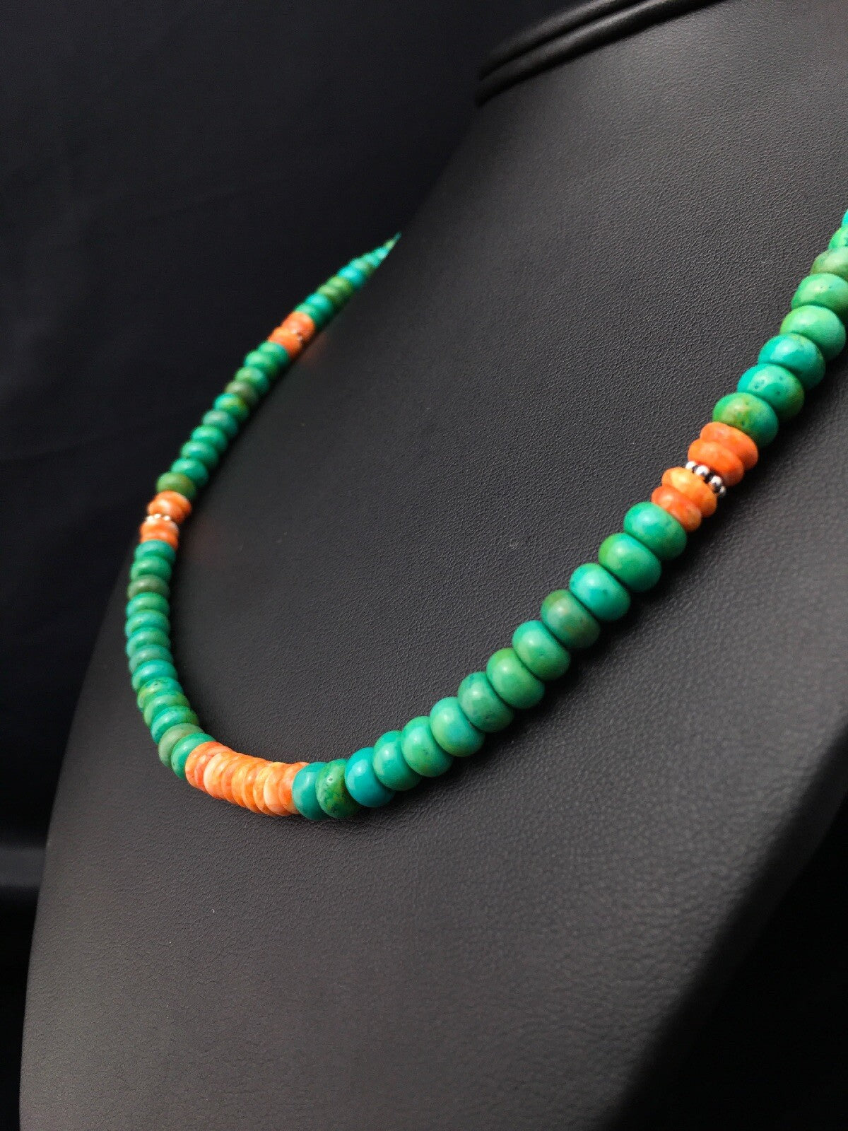 Green Turquoise & Spiny Oyster Navajo Sterling Silver Necklace 19" 04488