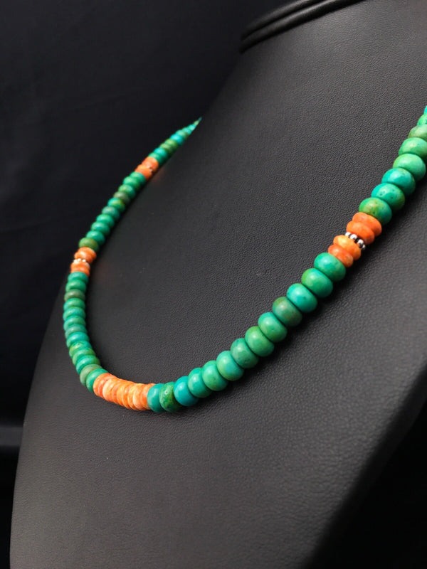 Green Turquoise Spiny Oyster Navajo Necklace 19" | Sterling Silver | Authentic Native American Handmade | 04488