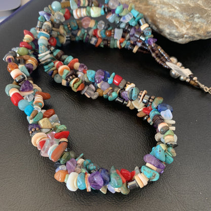 Turquoise & Coral 3 Strand Navajo Bead Sterling Silver Necklace 22” 10402