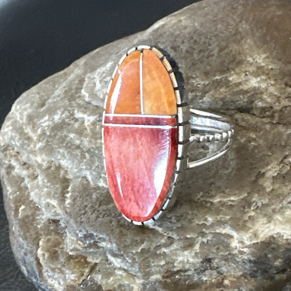 Women Orange Red Spiny Oyster Navajo Ring Sz 8.5 | Sterling Silver | Authentic Native American Handmade | 17798