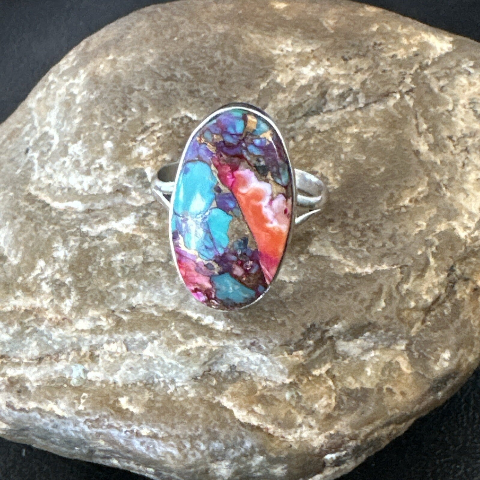 Blue Turquoise Spiny Oyster Southwestern Sterling Silver Ring Size 11 18455