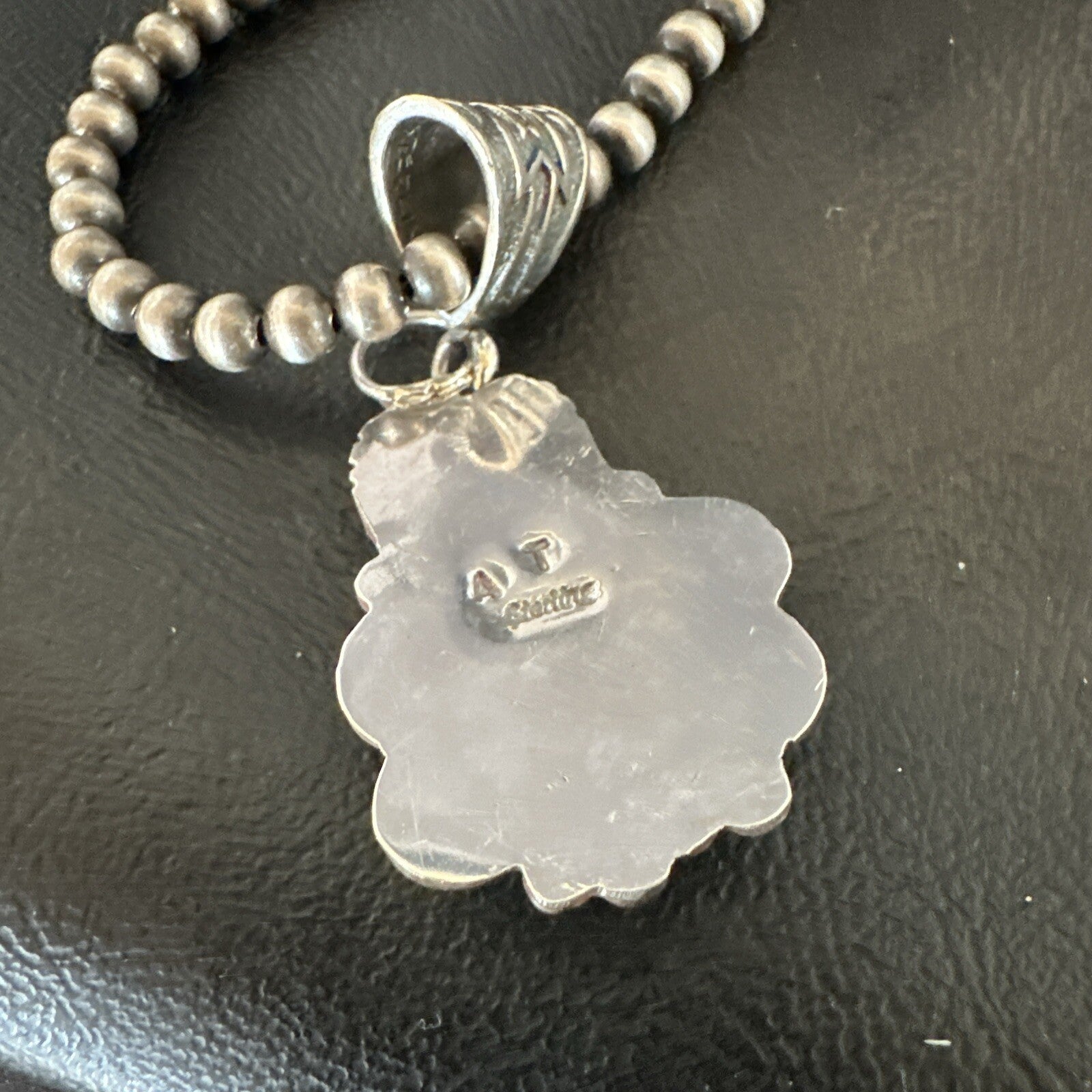 White Buffalo Turquoise Pendant  Sterling Silver Beads Necklace 17986