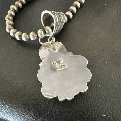 White Buffalo Turquoise Pendant  Sterling Silver Beads Necklace 17986