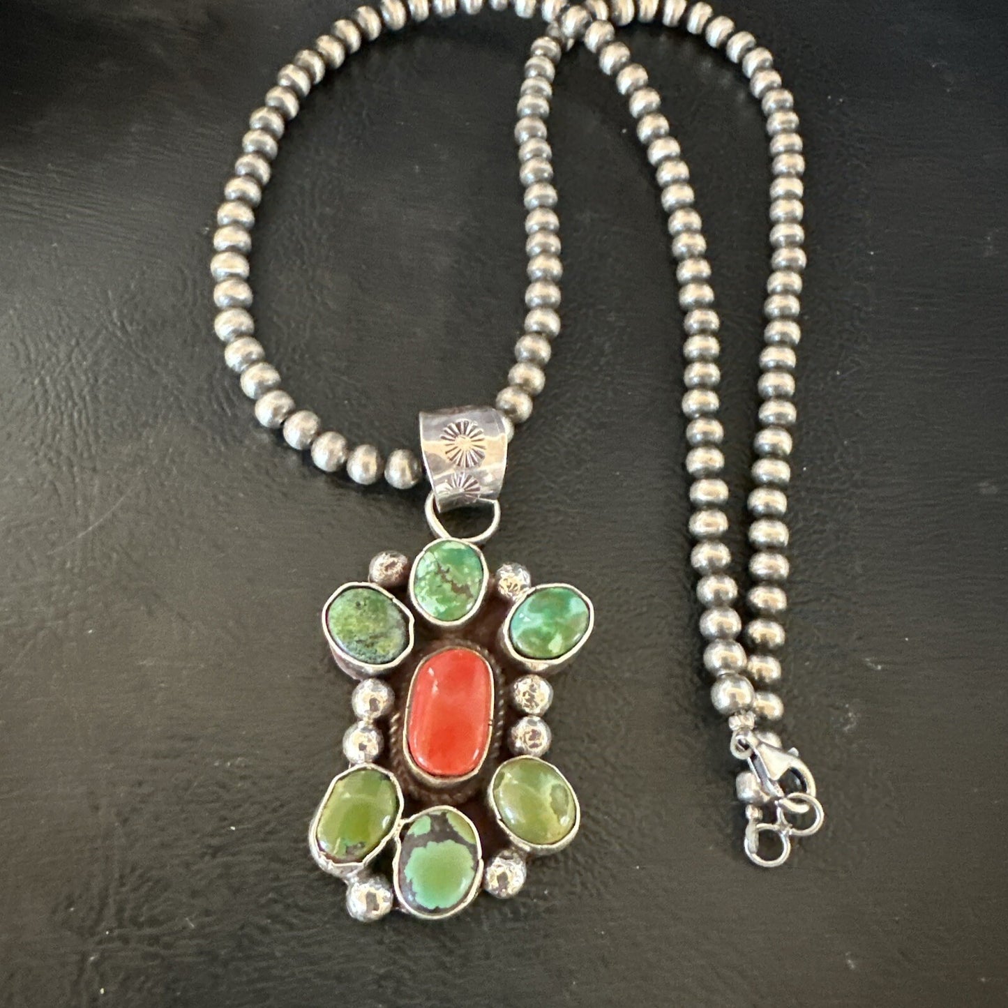 Navajo Sterling Cluster Red Turquoise Pendant Necklace 17714