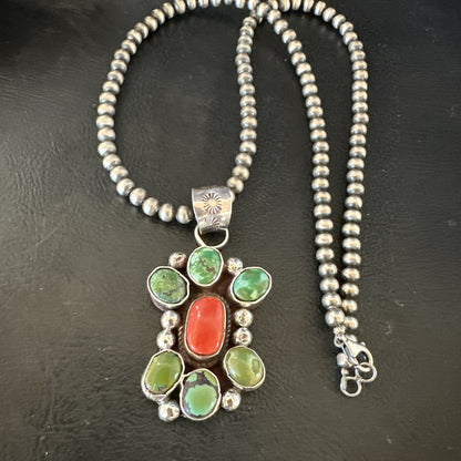 Navajo Sterling Cluster Red Turquoise Pendant Necklace 17714