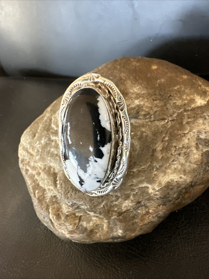 Black White Buffalo Turquoise Navajo Sterling Silver Ring Size 9.5 19809