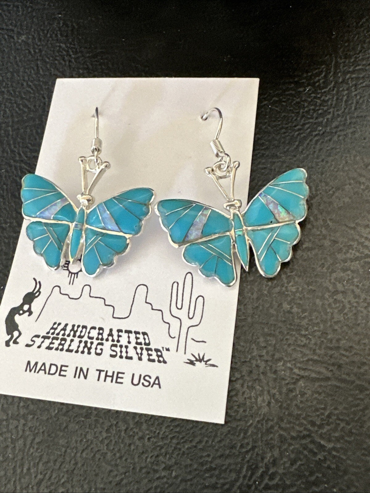 Butterfly Blue Turquoise Opal Inlay Sterling Silver Dangle Earrings 19137