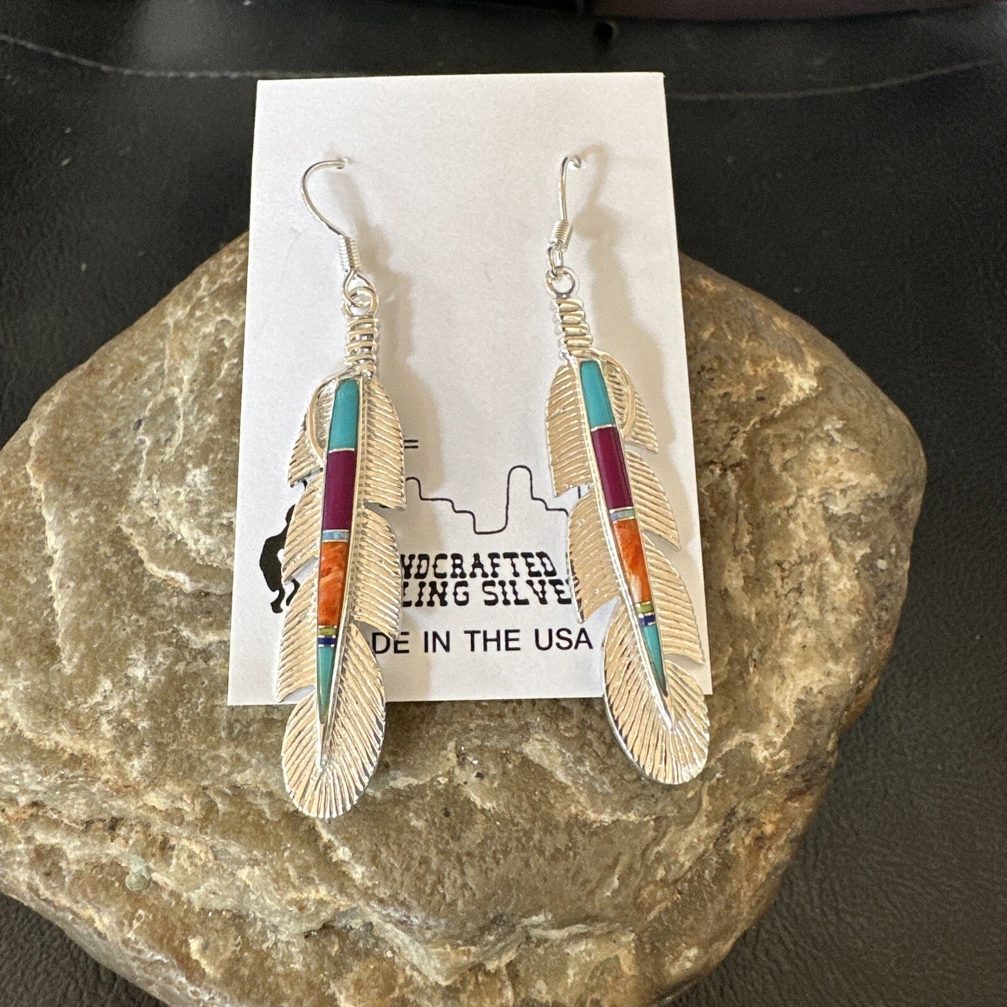Multicolor Turquoise Sterling Silver Handmade Inlay Feather Earrings 18698