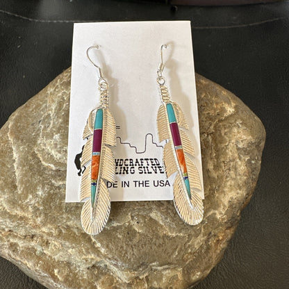 Multicolor Turquoise Sterling Silver Handmade Inlay Feather Earrings 18698