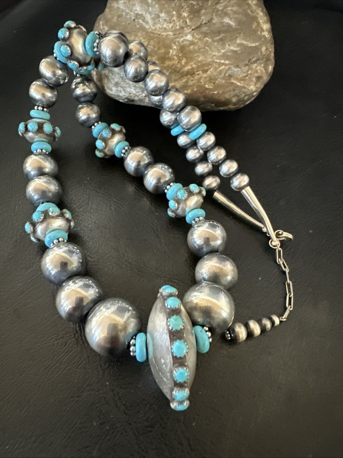 Navajo Pearls Blue Kingman Turquoise Sterling Silver Necklace 23” 19449