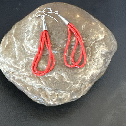 Native Red Coral Heishi Tube Liquid Sterling Silver Dangle Earrings 2" 4394