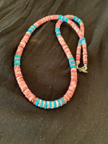 Navajo Turquoise & Spiny Oyster Necklace Sterling Silver 21" 4639