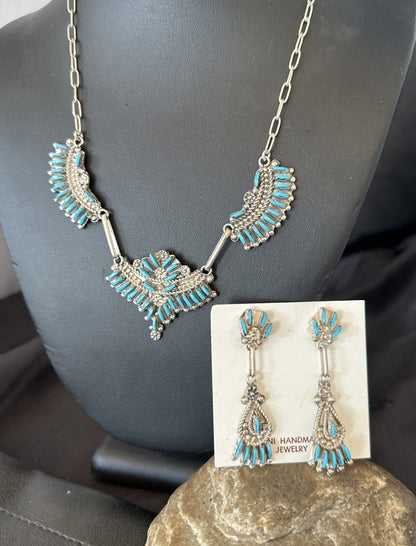 ZUNI Blue Turquoise Sterling Silver Beads Needlepoint Necklace Earrings 18595