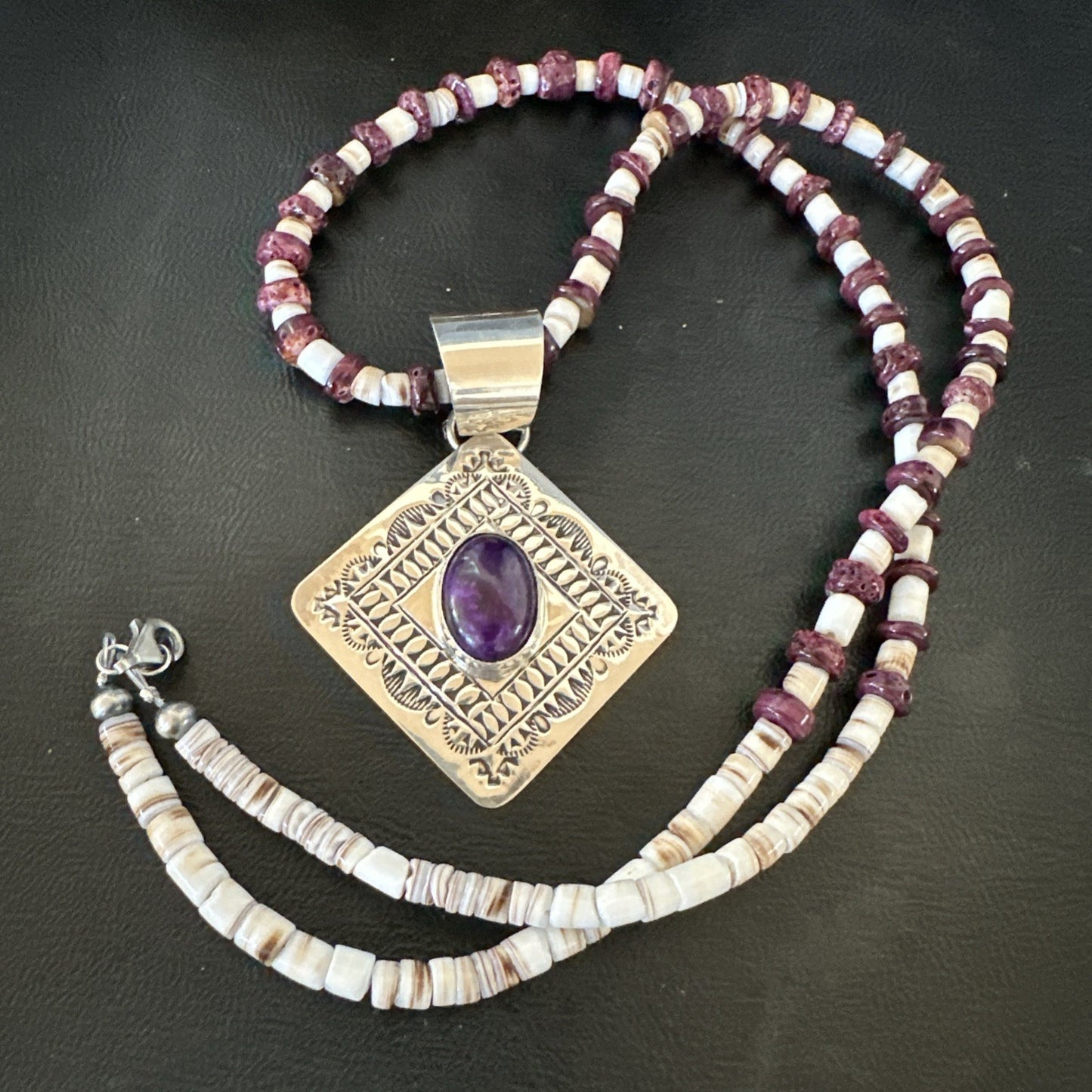 H Joe Purple Spiny Oyster Pendant Shell Sterling Silver Necklace 26” 19544