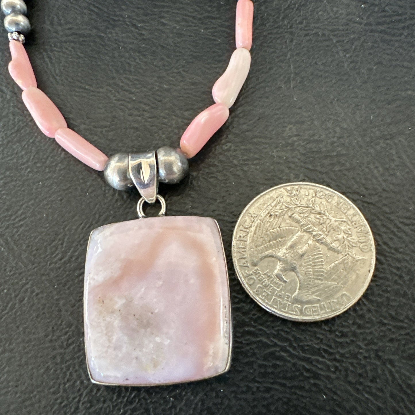 Southwestern Sterling Silver Pink Coral Bead Necklace Quartz Pendant 24" 19591