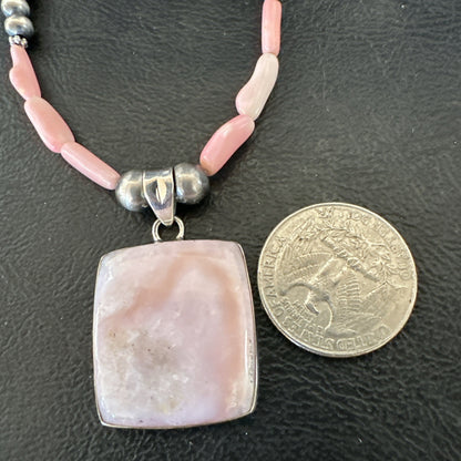 Southwestern Sterling Silver Pink Coral Bead Necklace Quartz Pendant 24" 19591