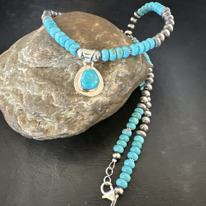 Mens Blue Kingman Turquoise Pendant Navajo Sterling Silver Necklace 21" 17904