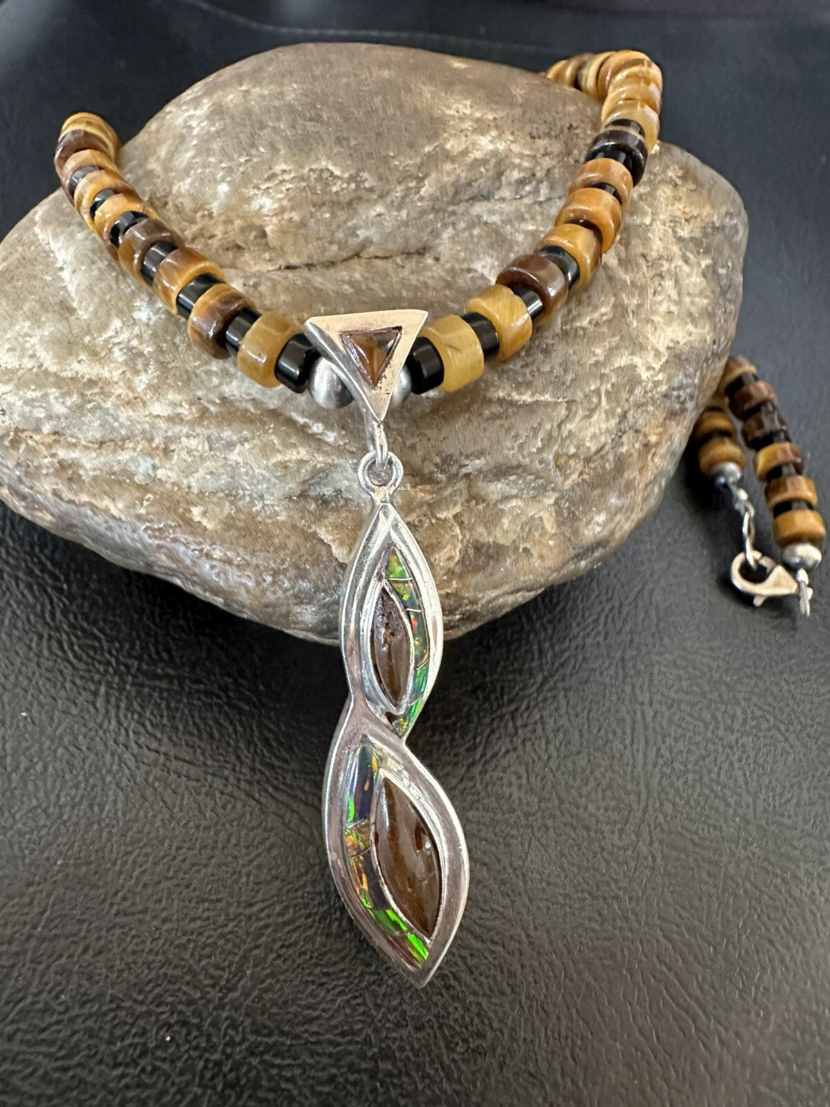 Coffee Tigers Eye Amber Opal Onyx Heishi Sterling Silver Pendant Necklace 18343