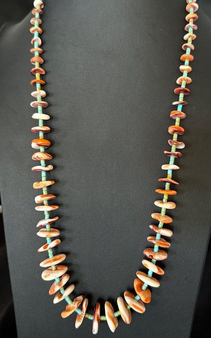 Orange Spiny Oyster Turquoise Navajo Pearls Sterling Silver Necklace 27” 19466