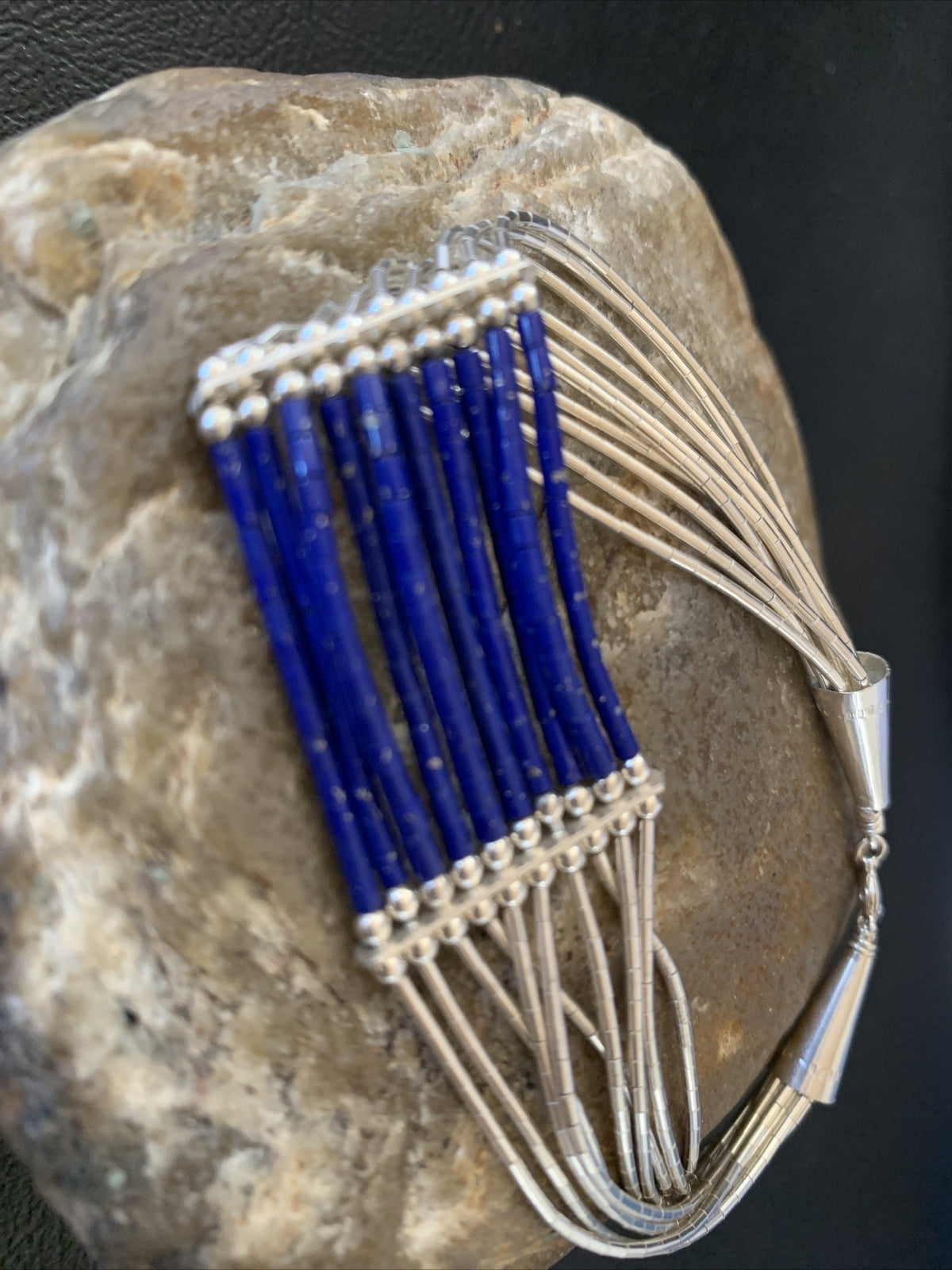 Blue Lapis Liquid Heishi Tubes 10 Strands Sterling Silver Bracelet 7.25" 12635