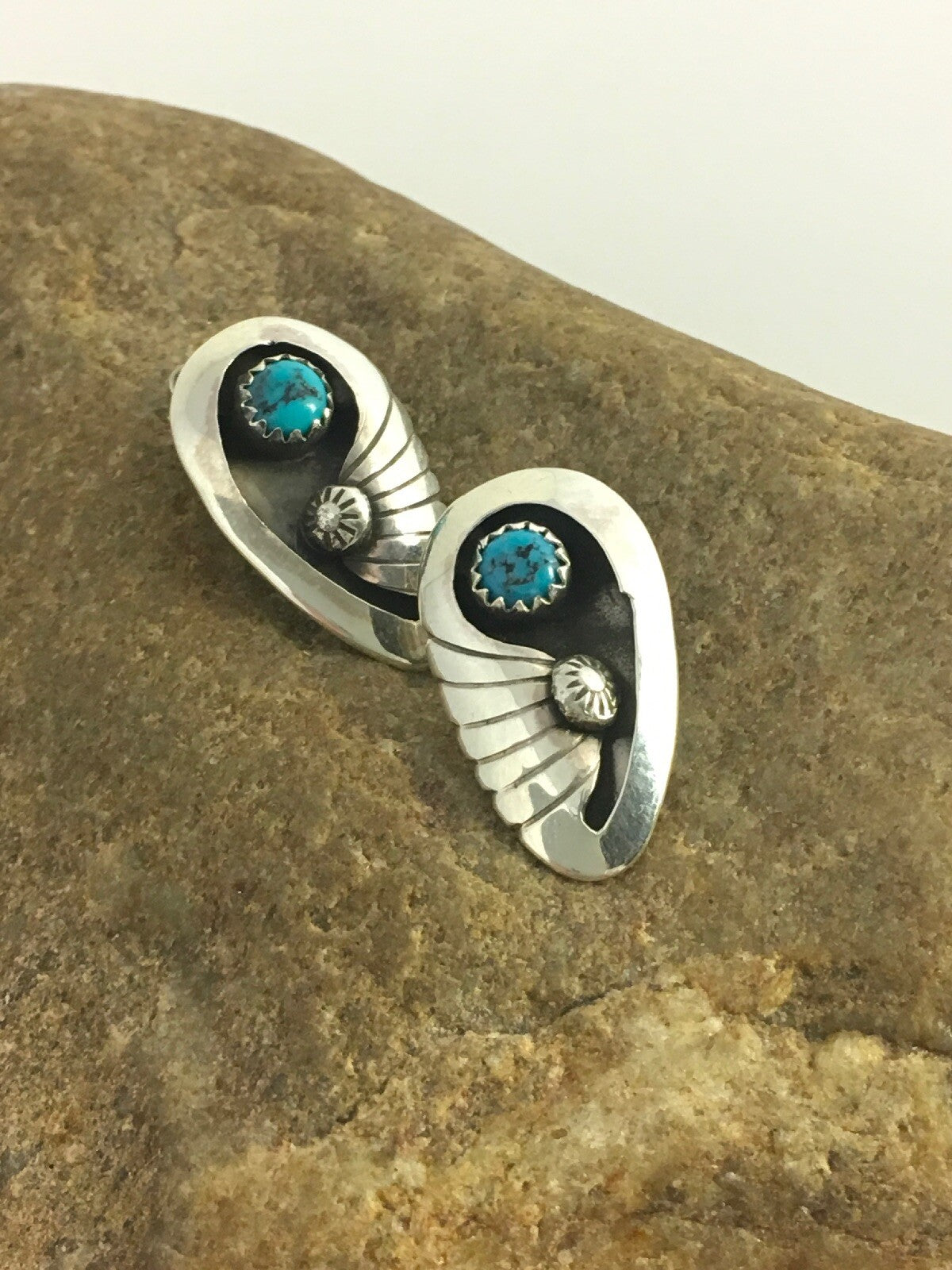 Blue Turquoise Clip-on Navajo Sterling Silver Old Pawn Earrings Set 08864