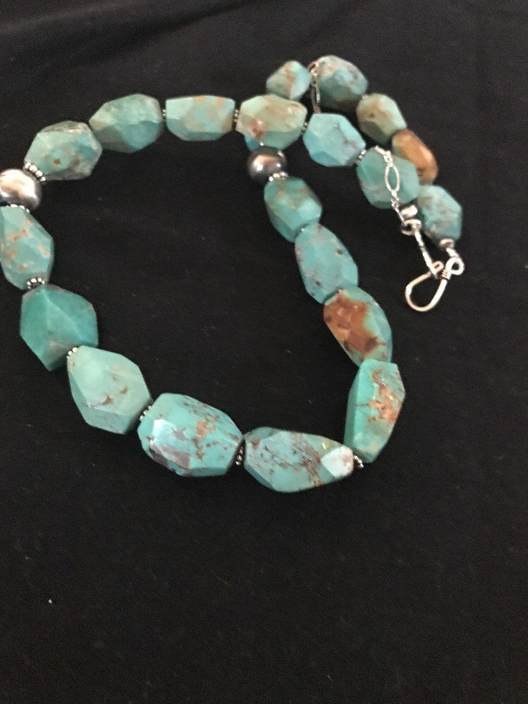 Turquoise Chunky Bead Faceted Navajo Sterling Silver Beads Necklace 03367
