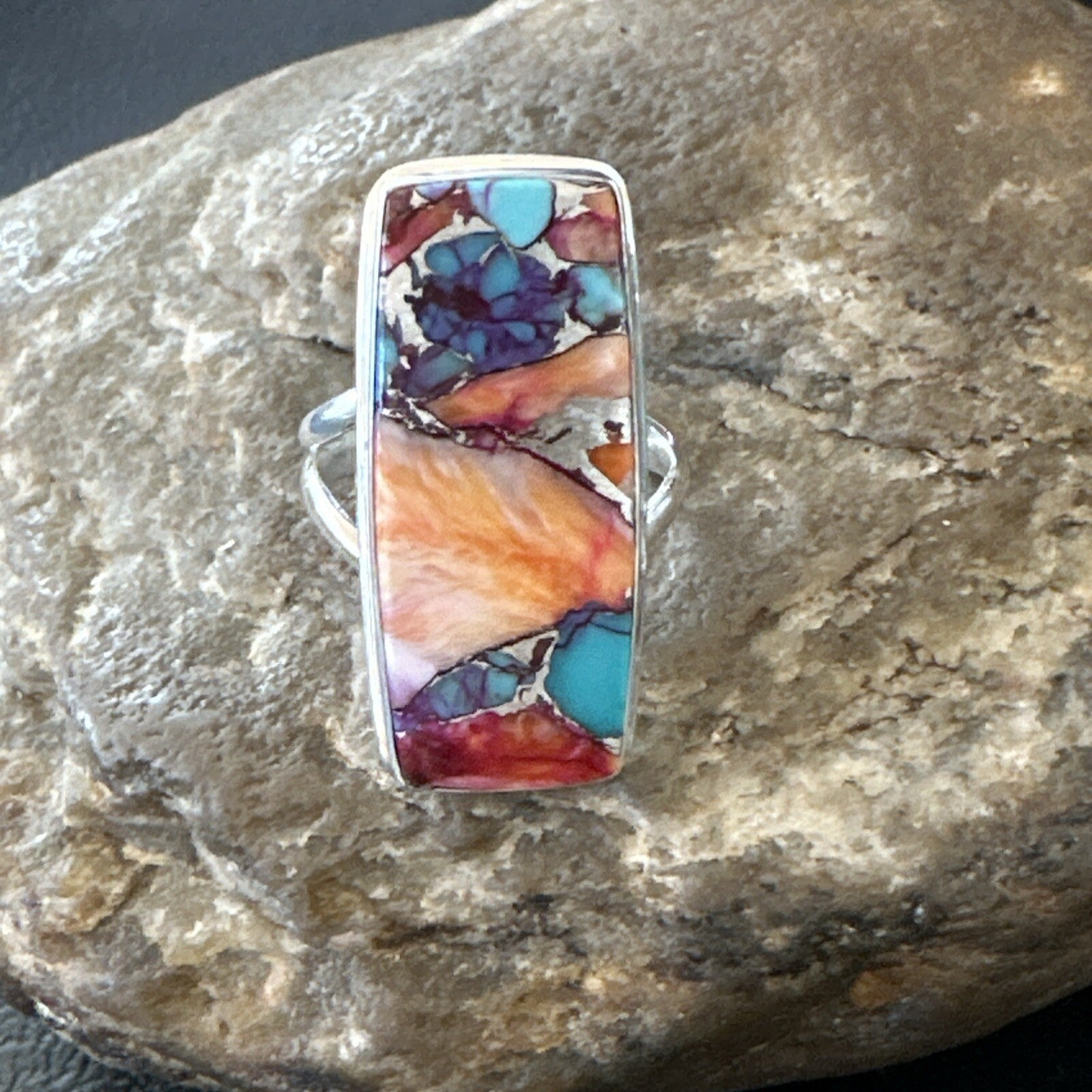Blue Turquoise Spiny Oyster Southwestern Sterling Silver Ring Size 7 18489