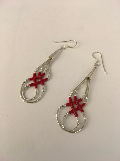 Native Red Coral Heishi Tube Liquid Sterling Silver Dangle Earrings 2" 08877