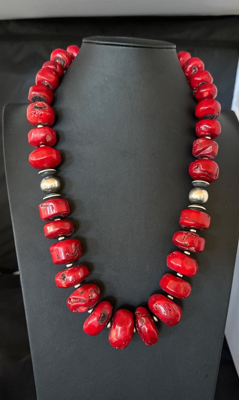 Chunky Navajo Red Bamboo Coral Sterling Silver Bead Necklace 24” Graduated 19532