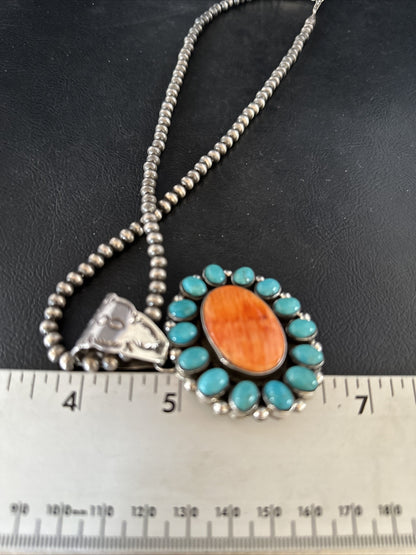 Kingman Turquoise & Spiny Oyster Cluster Pendant Sterling Silver Necklace 14277