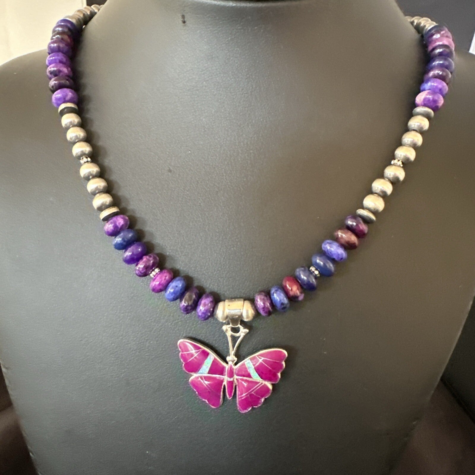 Butterfly Purple Stone Opal Pendant Navajo Sterling Silver Necklace 18732