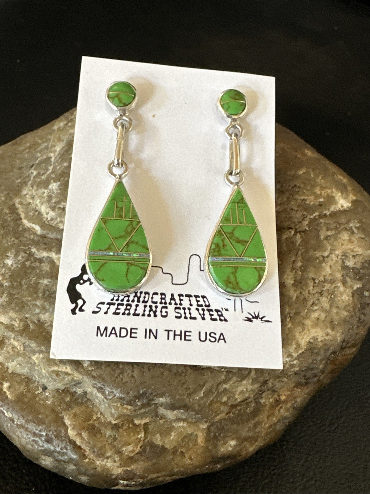 Green Gaspeite Southwestern Sterling Silver Inlay Earrings 1.5" 19154