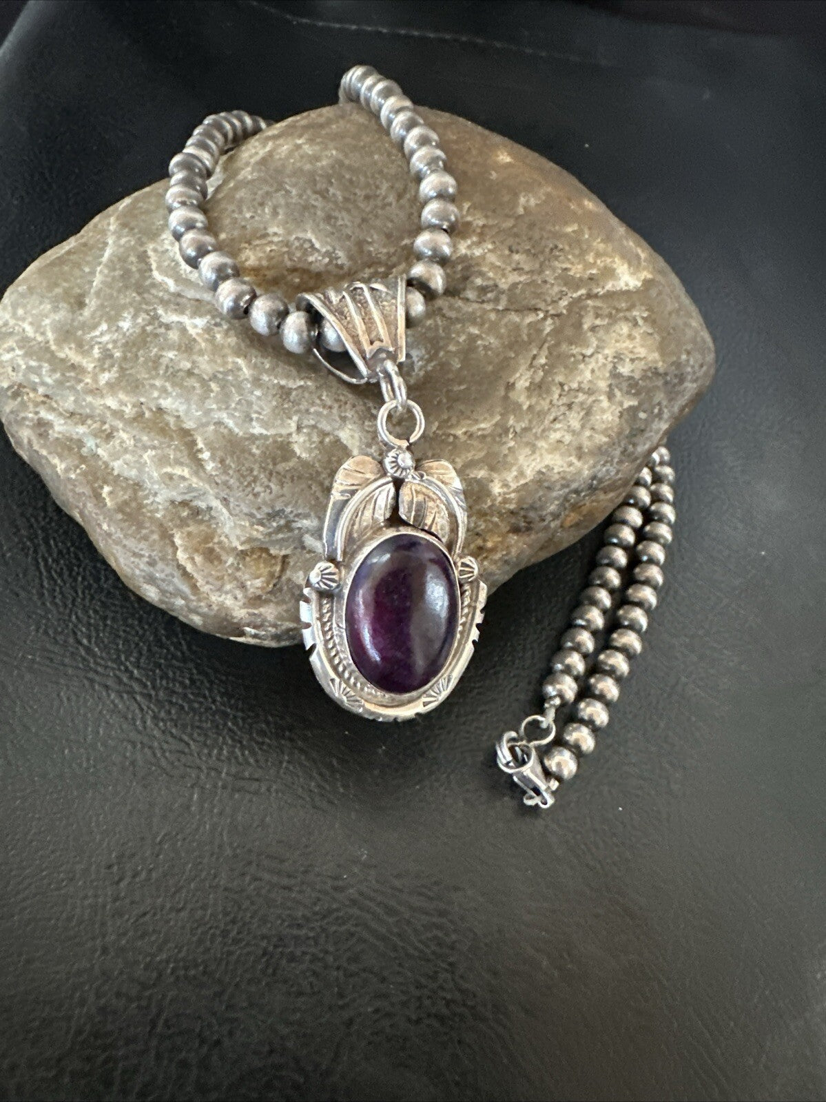 Purple Stone Pendant Navajo Pearls Sterling Silver Necklace 20” 18392